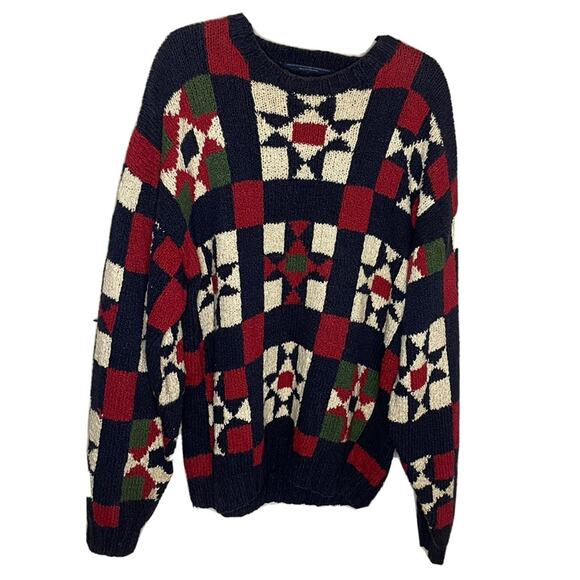 Vintage Tommy Hilfiger Hand Knit Sweater Patchwork Pullover Unisex Size L Retro